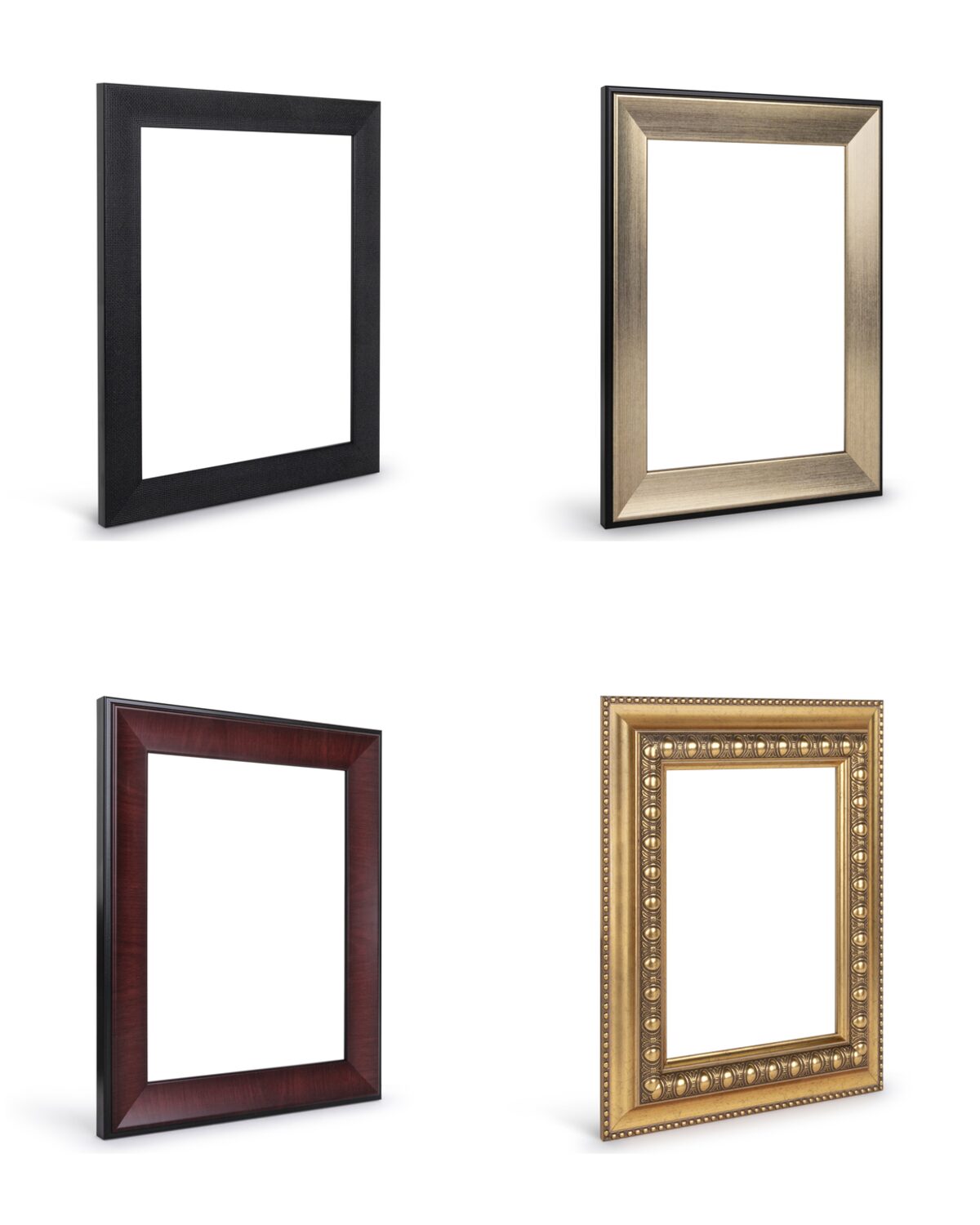 Four ready-made frame styles: black, champagne silver, mahogany, and ornate gold