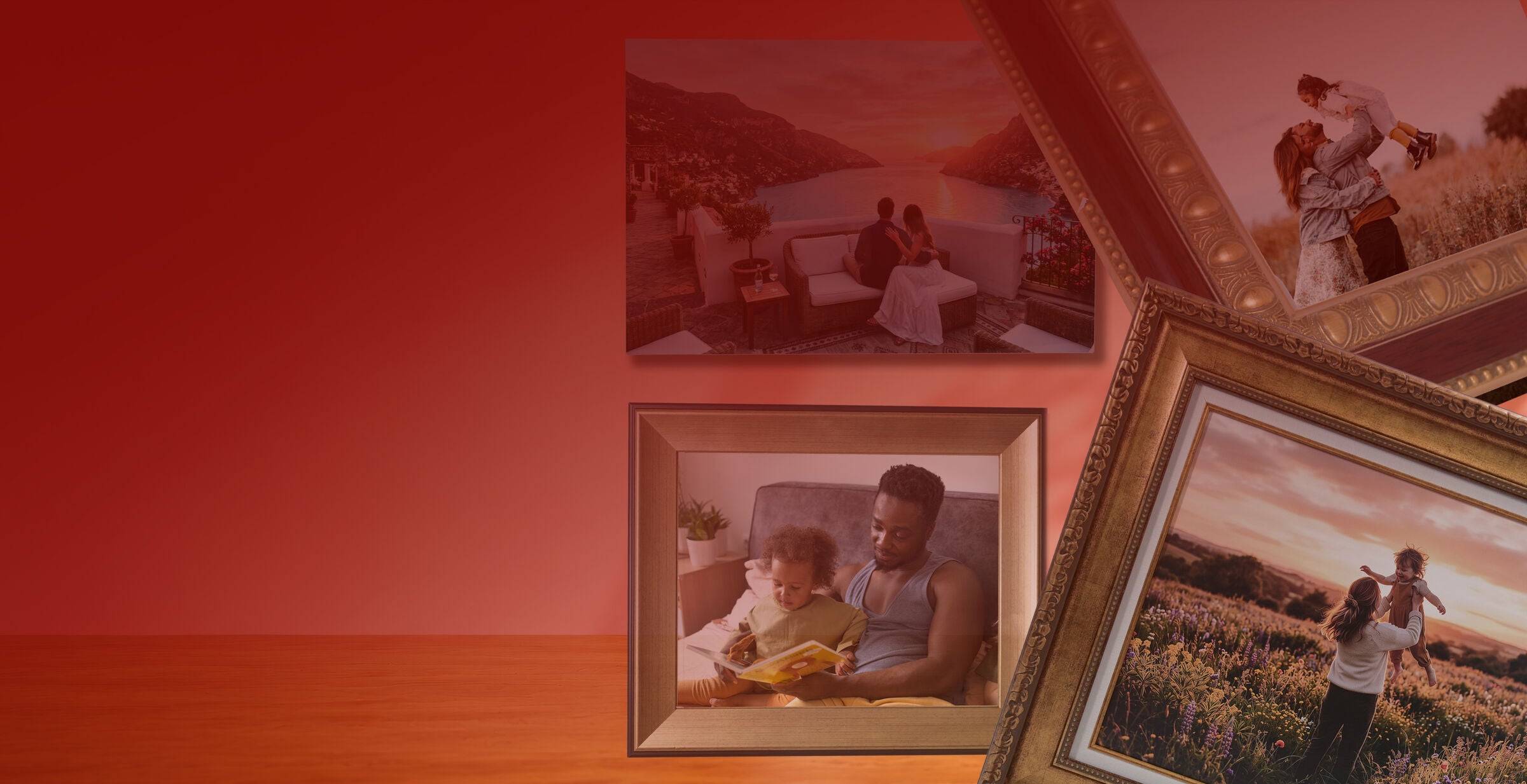 Family photos framed and displayed on a wall above a wood console