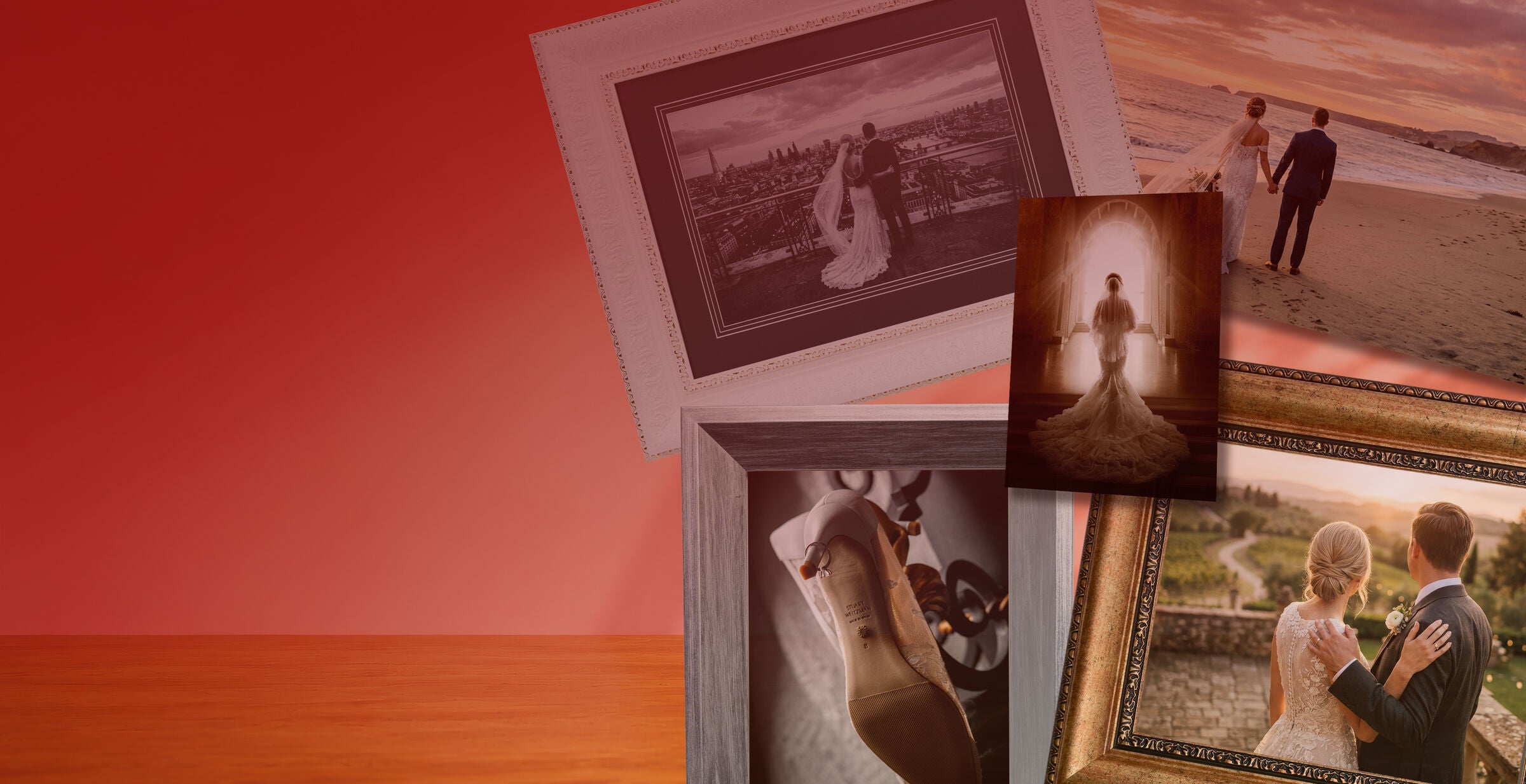 Wedding photographs framed and arranged together over a wood table